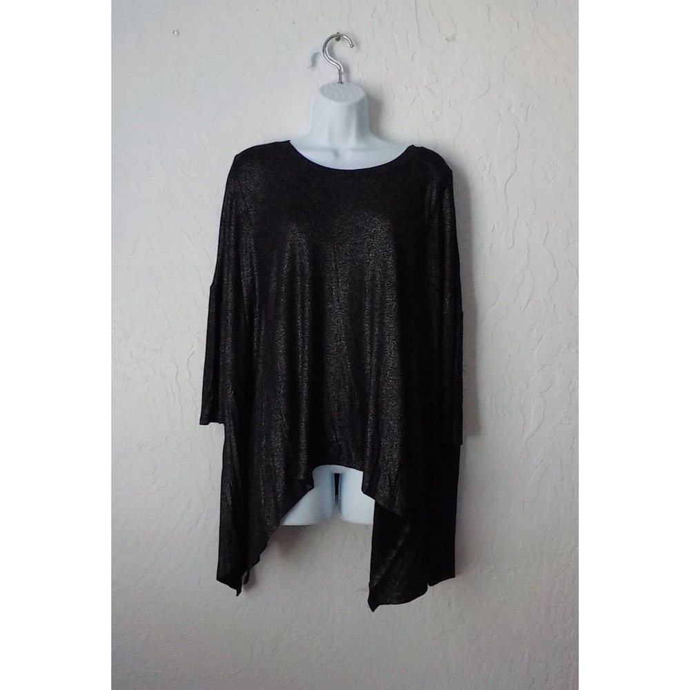 IMAN Black Metallic Tunic Top Size 1X Asymmetric Hem Longline Stretch 3/4 Sleeve
